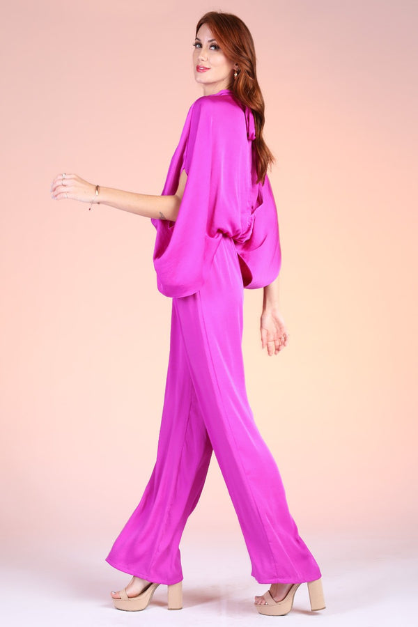 Orchid Washed Poly Silk Mock Neck Jumpsuit
