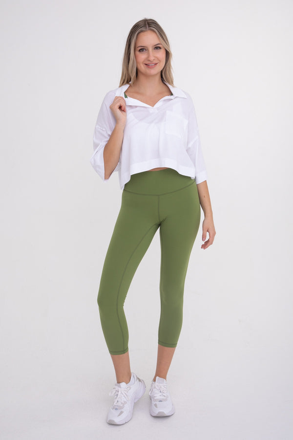 Relaxed Fit Cropped Collared Shirt - White/Green