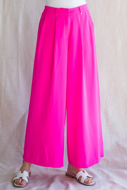 Wide Leg Slacks - Neon Pink
