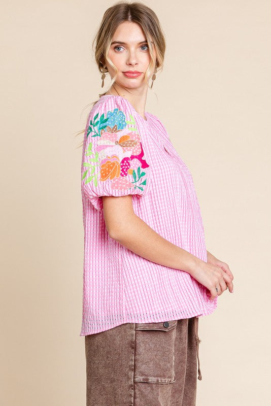 Pink SS Embroidered Puff Sleeve Top