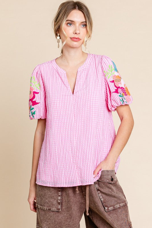 Pink SS Embroidered Puff Sleeve Top