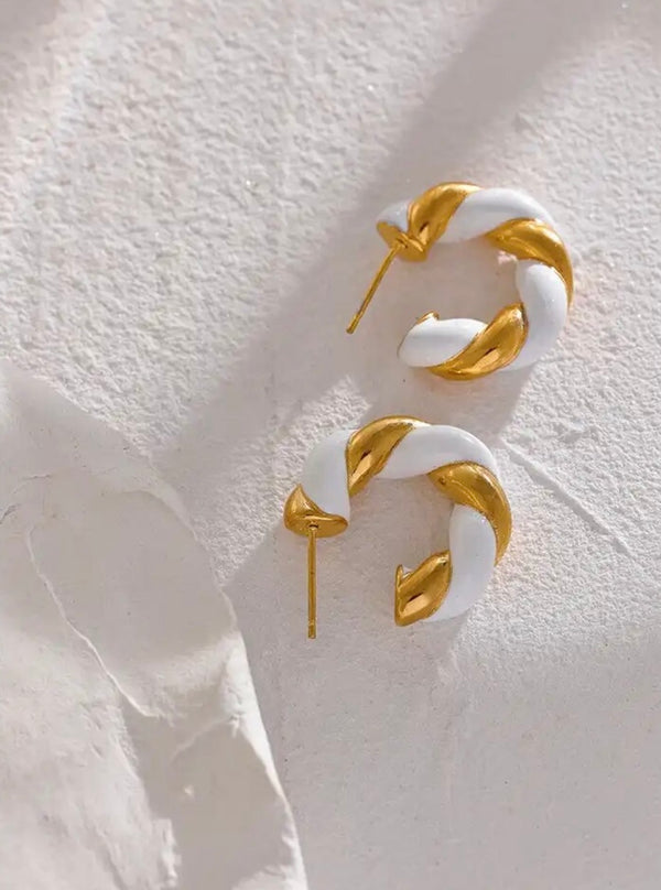 18K Gold Plated Waterproof White/Gold Twist Hoop Earring