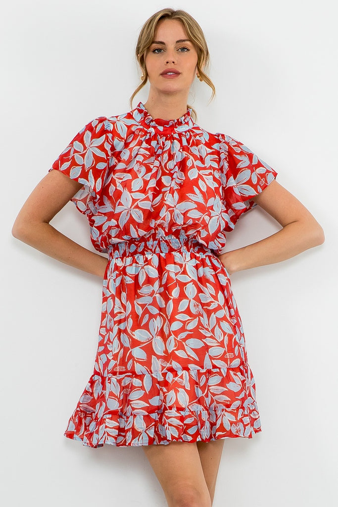 Flutter Sleeve Print Dress - Red