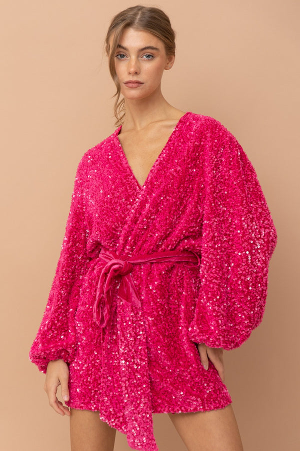Glam Sequin Velvet Puff Sleeve Wrap Tie Dress - Hot Pink