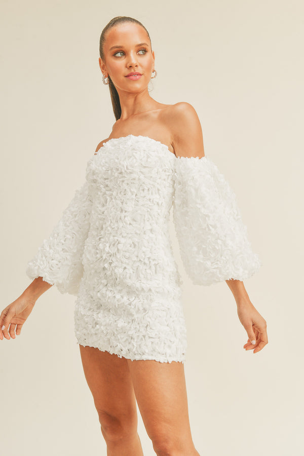 3D Flower Off The Shoulder Puff Sleeve Mini Dress - White