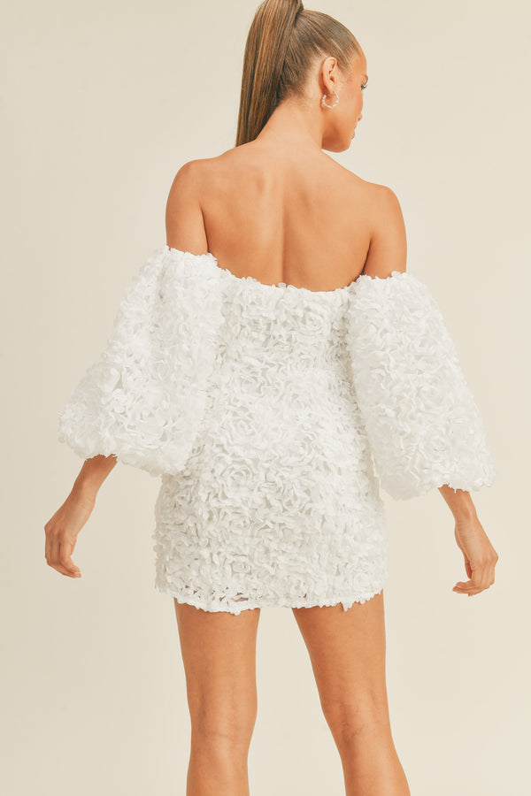 3D Flower Off The Shoulder Puff Sleeve Mini Dress - White