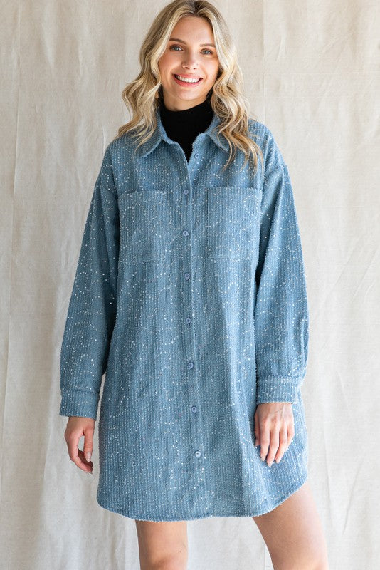 Totally Textured Denim Shirt Dress With Sequin Accents