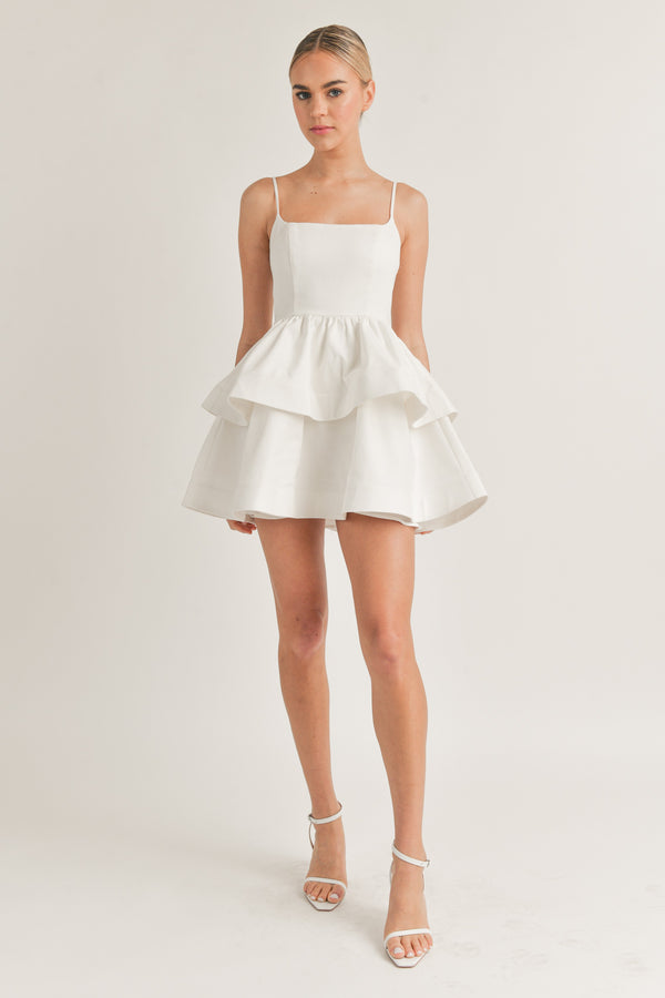 Simple Square Neckline Ruffle Mini Dress - Off White
