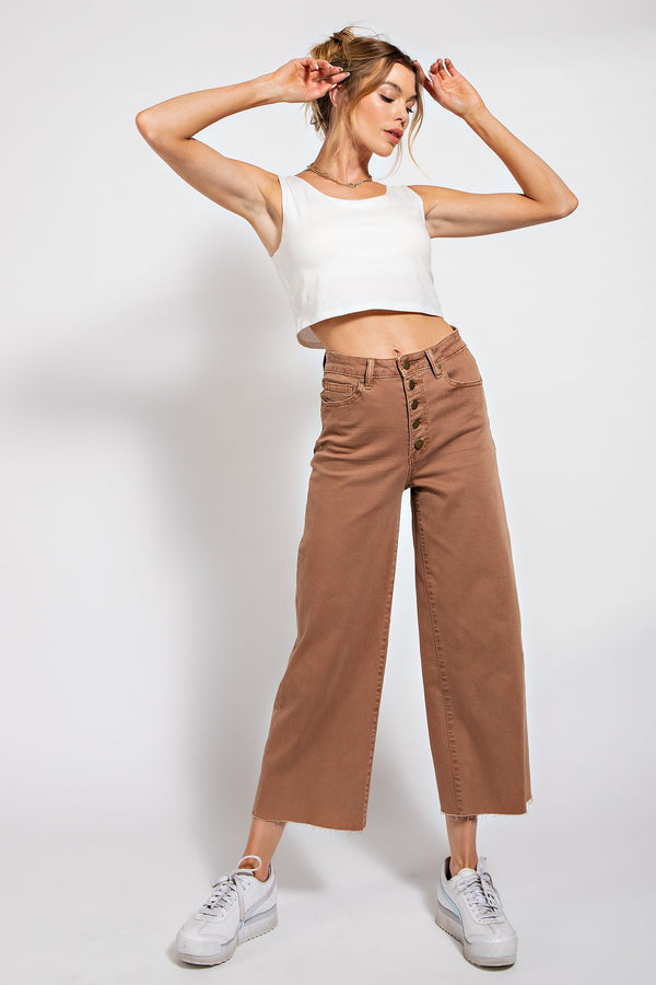 Button Front Wide Leg Pant - Red Bean