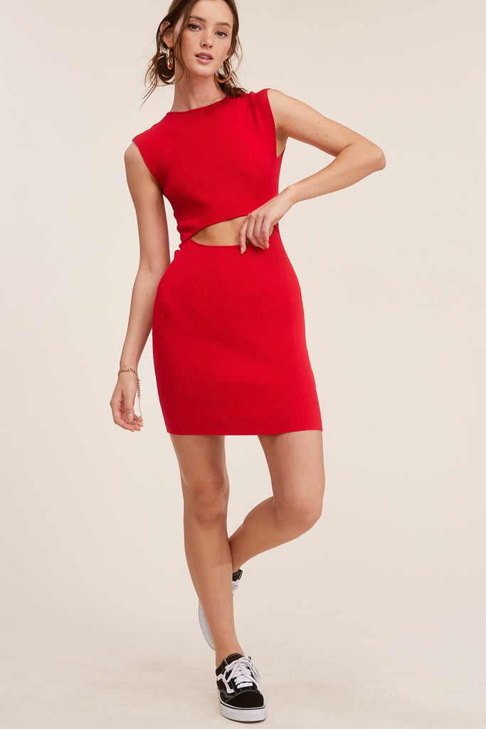 Geo Mini Dress With Keyhole Waist - Red