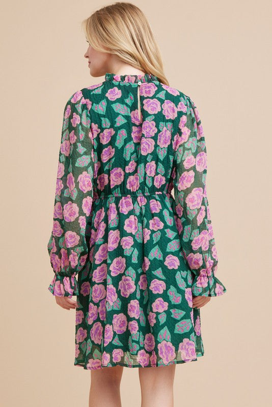 Rosie Ruffle Neck Dress With Sheer Long Sleeve - Hunter Green