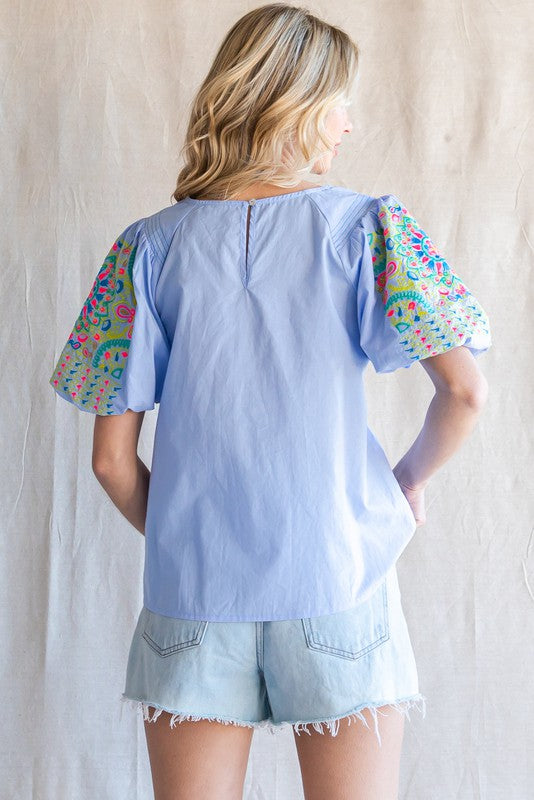 Bright Embroidered Ballon Sleeve Top - Powder Blue