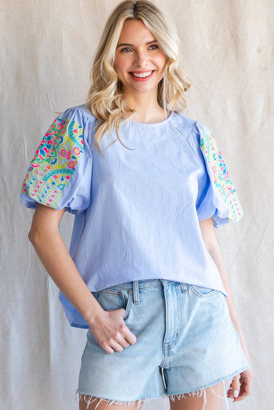 Bright Embroidered Ballon Sleeve Top - Powder Blue