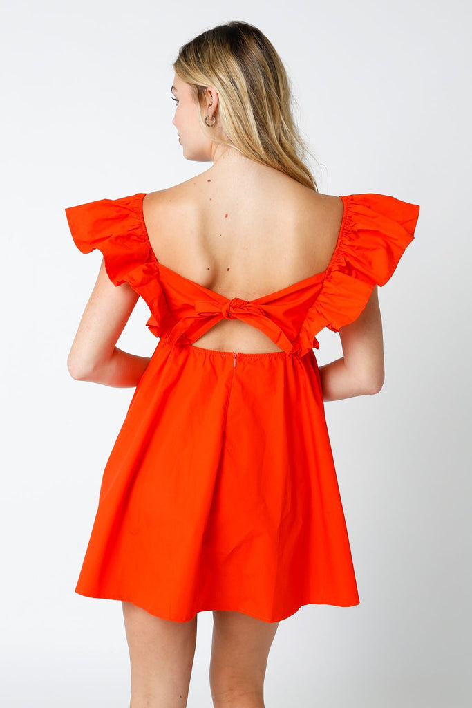 Orange Ruffle Sleeve Open Tie Back Dress