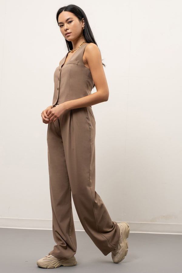 Contrast Wide Leg Pleated Pant - Natural