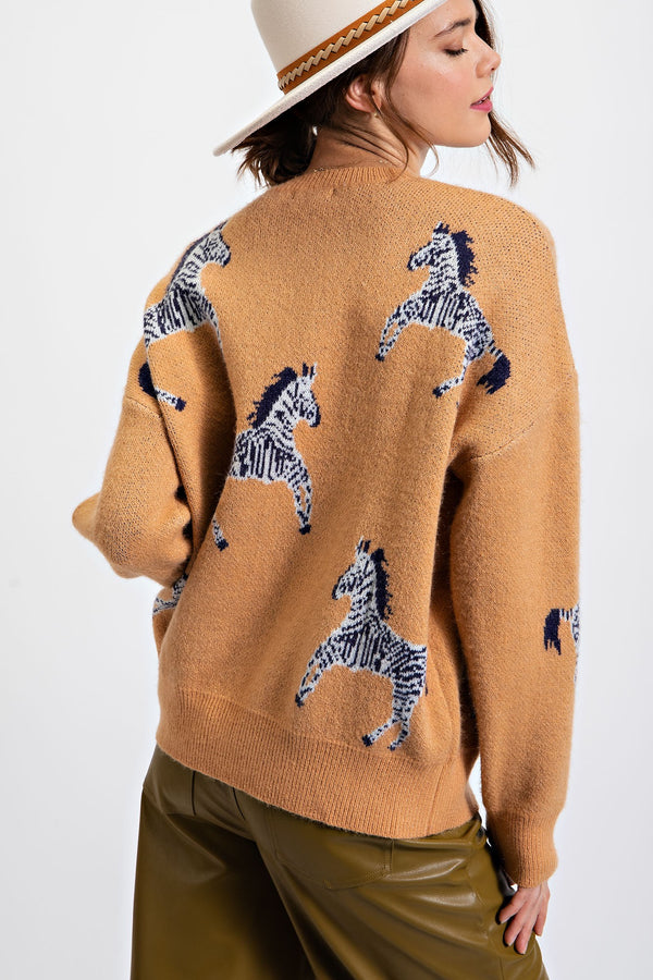 Safari Knitted Sweater With Zebra Print - Camel
