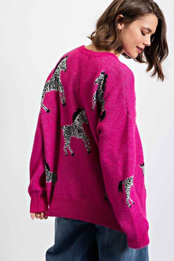 Safari Knitted Sweater With Zebra Print - Fuchsia