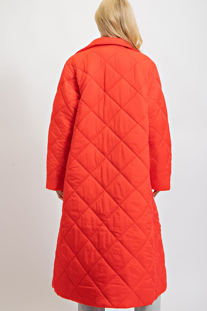 Double Button Long Quilted Coat - Red