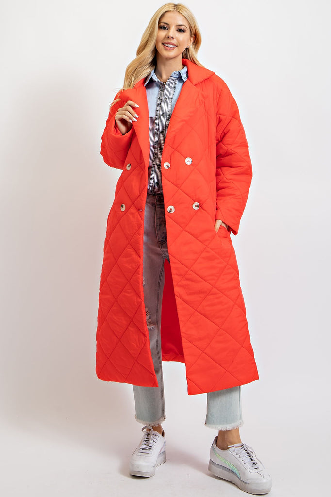 Double Button Long Quilted Coat - Red