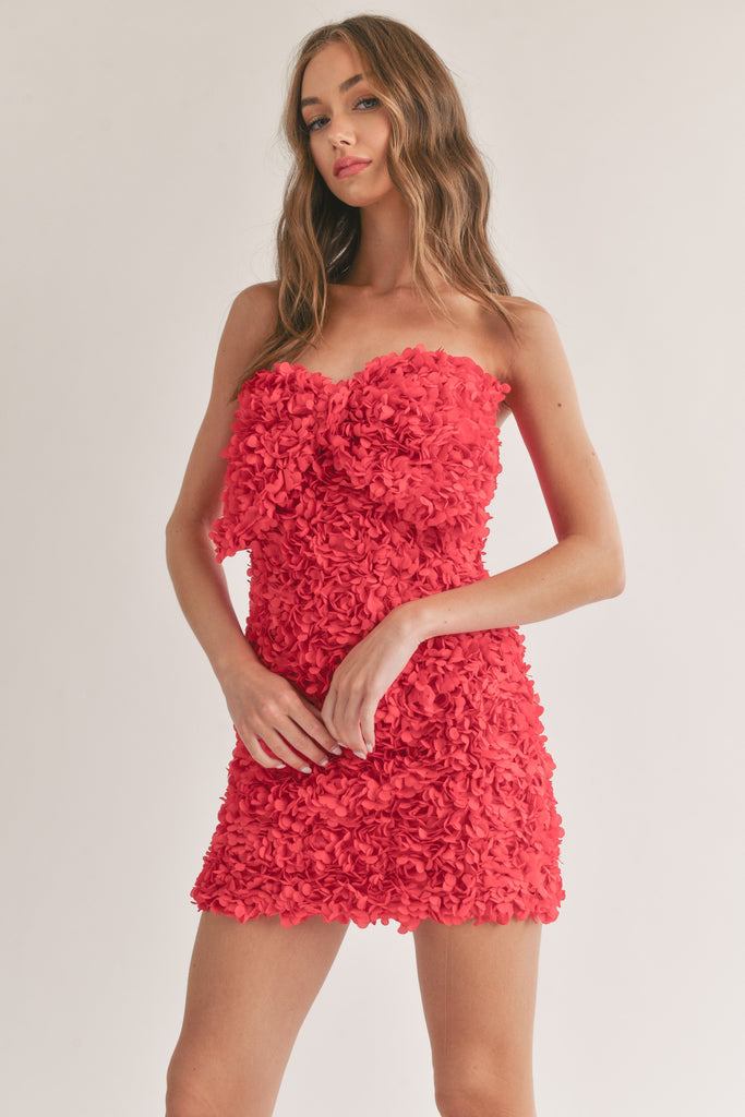 3D Flower Mini Dress With Large Bow - Red