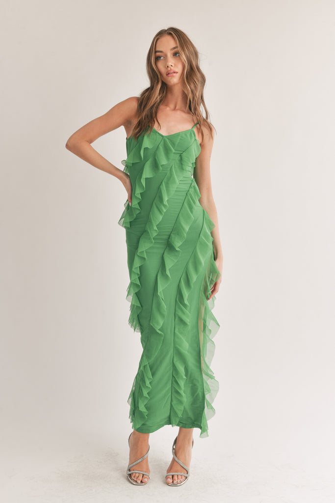 Long Ruffle Dress With Side Slit - Green