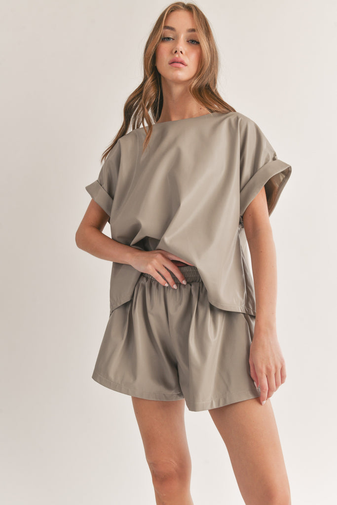 Faux Leather Oversized Short Sleeve Top - Taupe Grey