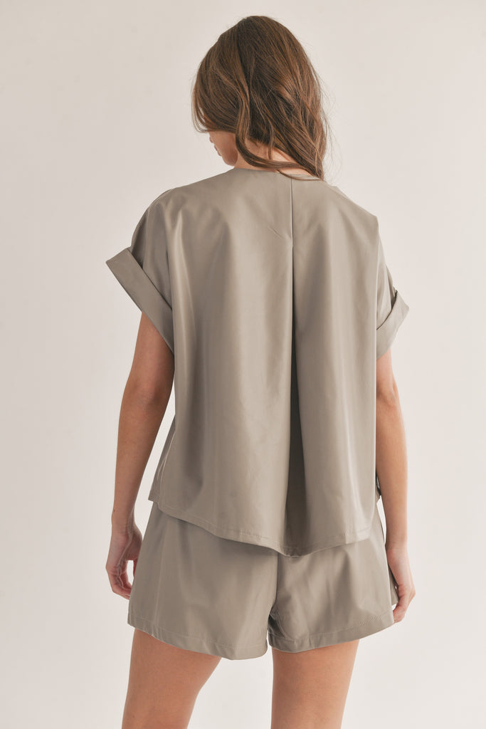 Faux Leather Oversized Short Sleeve Top - Taupe Grey