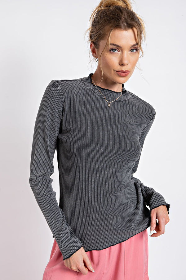 Long Sleeve Mineral Wash Mock Neck Top - Charcoal