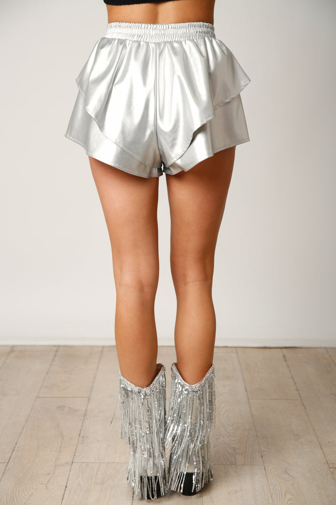 Faux Leather Double Layer Skort - Silver