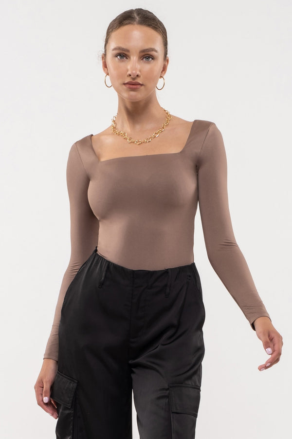 Solid Square Neck Long Sleeve Top - Deep Taupe