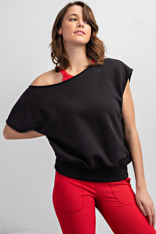 French Terry Off Shoulder Top - Black