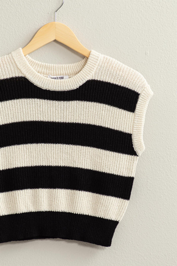 Black/Cream Stripe Sleeveless Sweater Top