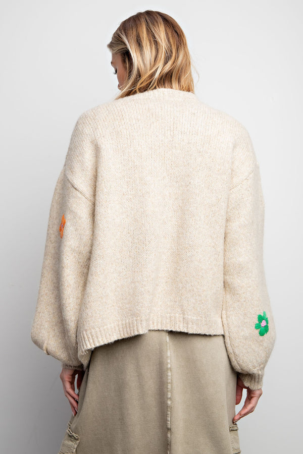 Bubbly Bubble Sleeve Sweater With Embroidered Flowers - Khaki