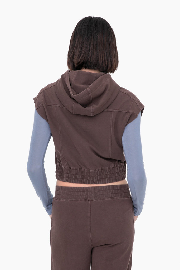Mineral Wash Sleeveless French Terry Hoodie - Dark Brown