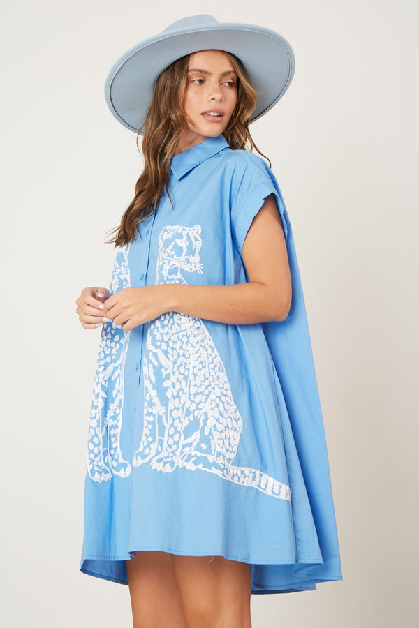 Blue Cheetah Sequin Shirt Dress