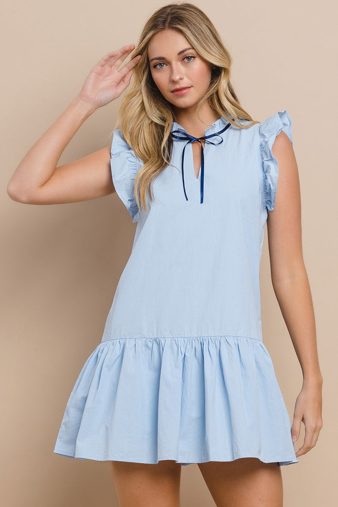 Ruffle Neck Mini Dress - Baby Blue