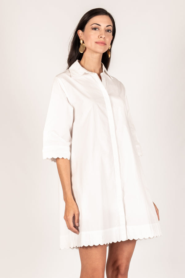 Button Up Dress with Scalloped Hem - White