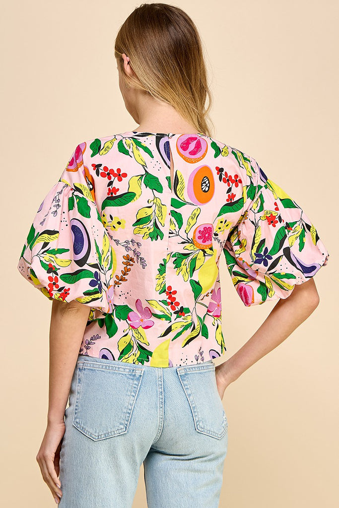 Bubble Sleeve Tropical Print Top - Pink