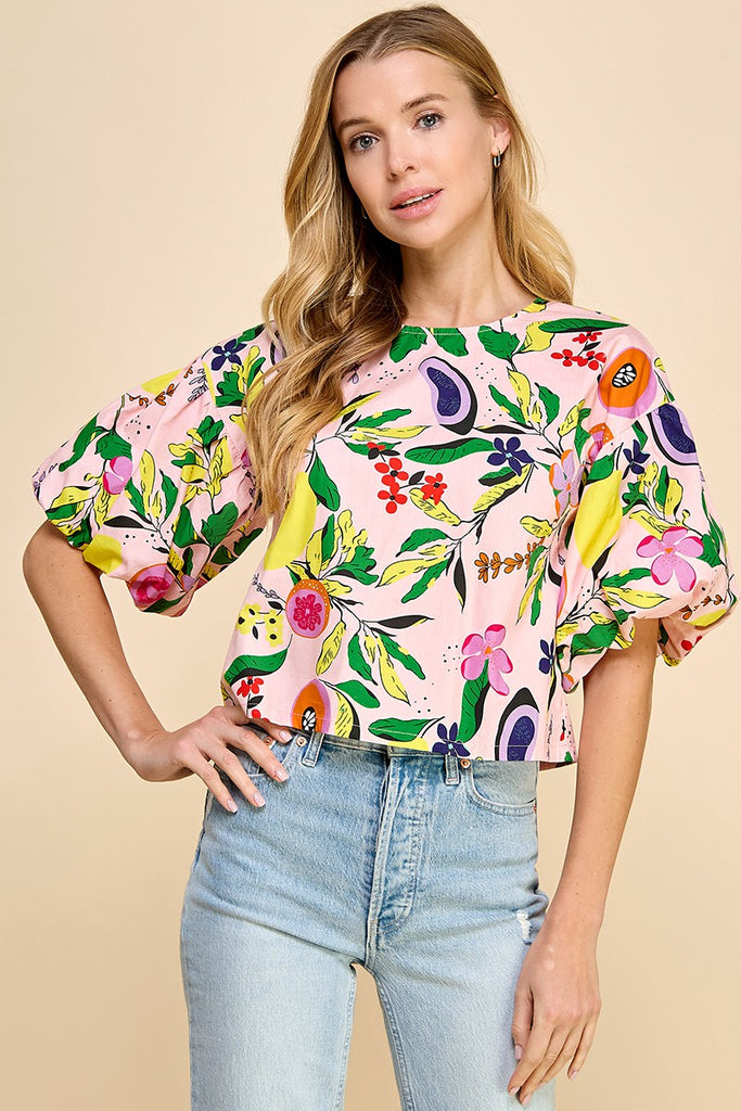 Bubble Sleeve Tropical Print Top - Pink