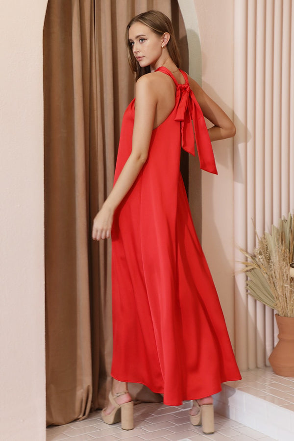 Red Satin Cut Out Maxi Dress