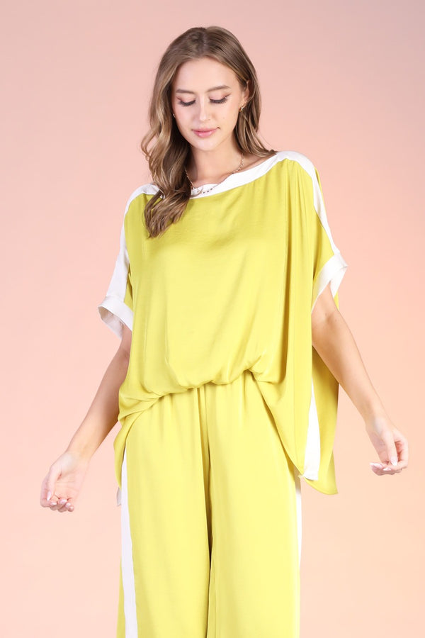 Chartreuse Silk Contrast Band Top