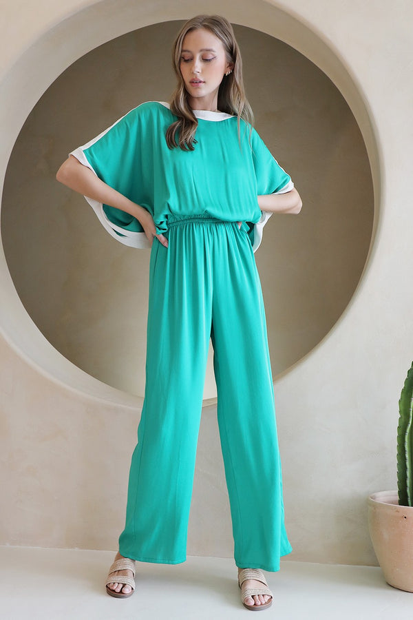 Green Washed Poly Silk Contrast Band Jumpsuit