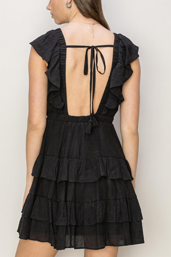 Deep V Ruffle Dress (Black)