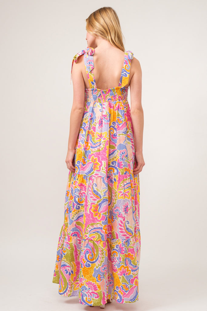 Fuchsia Tied Shoulder Strap Paisley Print Dress