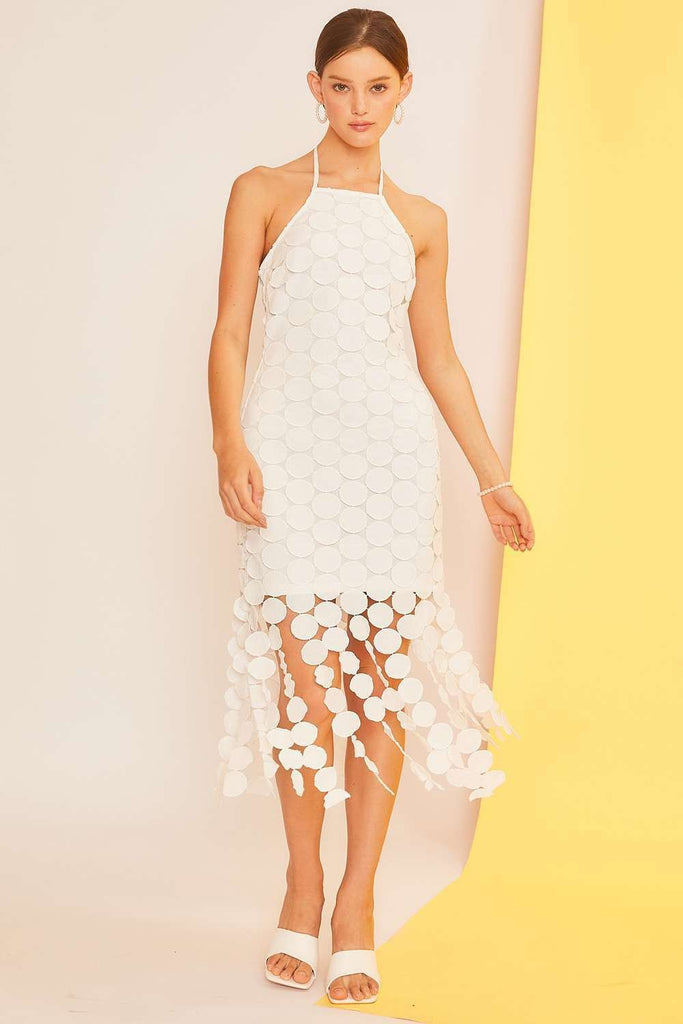 White Circle Fringe Crochet Midi Dress
