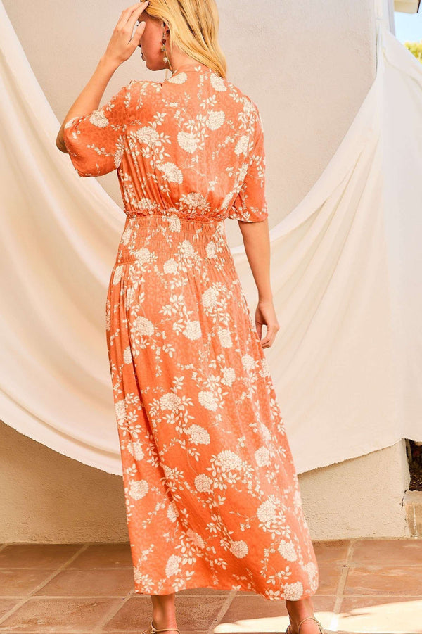 Orange Button Floral Print Dress