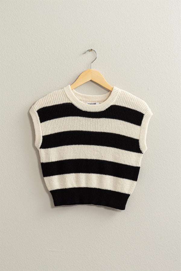 Black/Cream Stripe Sleeveless Sweater Top