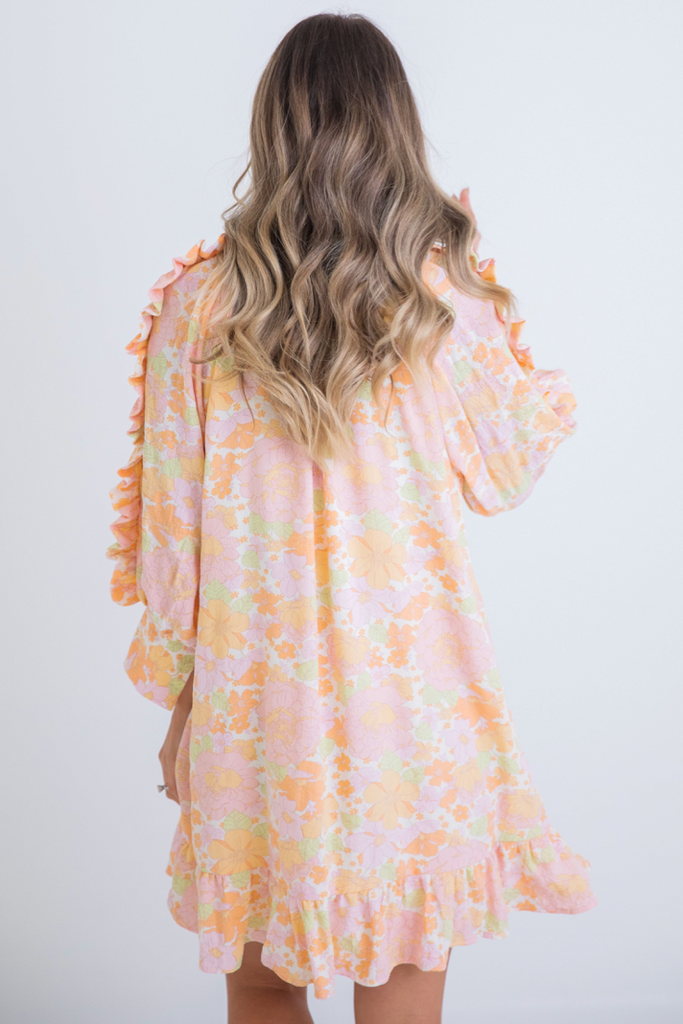 Seersucker Pastel Floral Ruffle Sleeve Dress