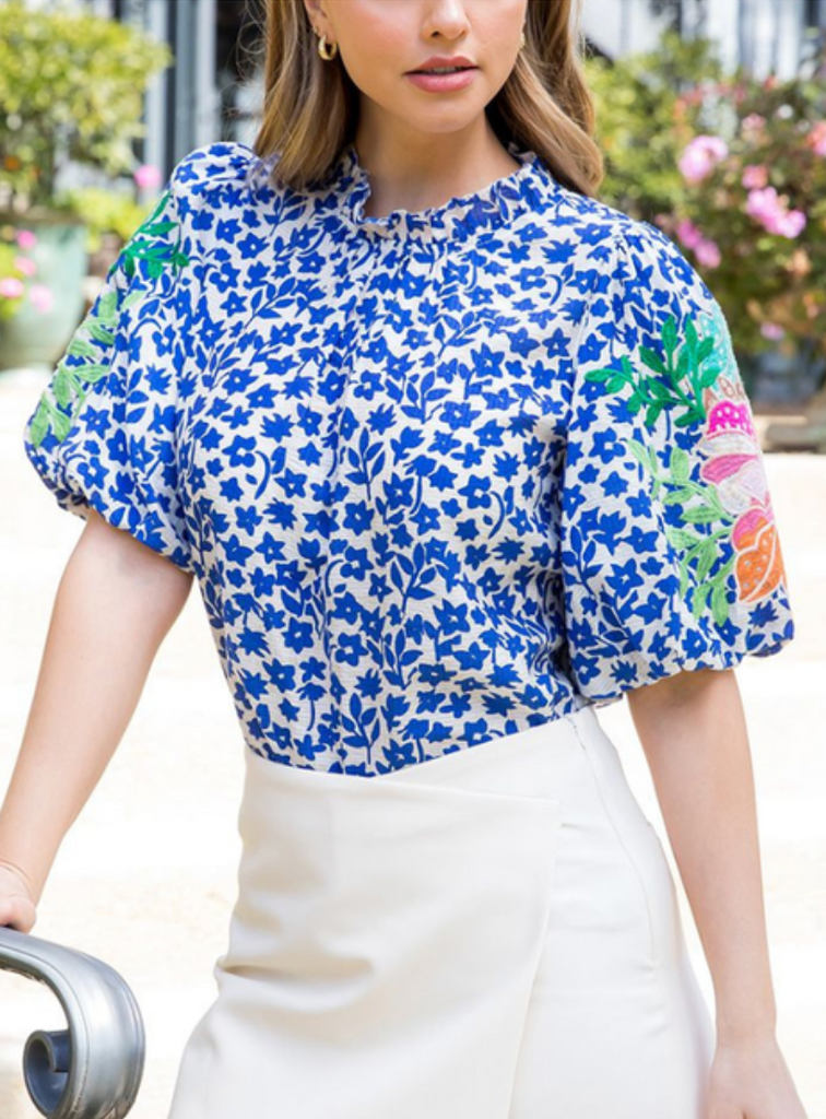 Embroidered Sleeve Flower Print Top