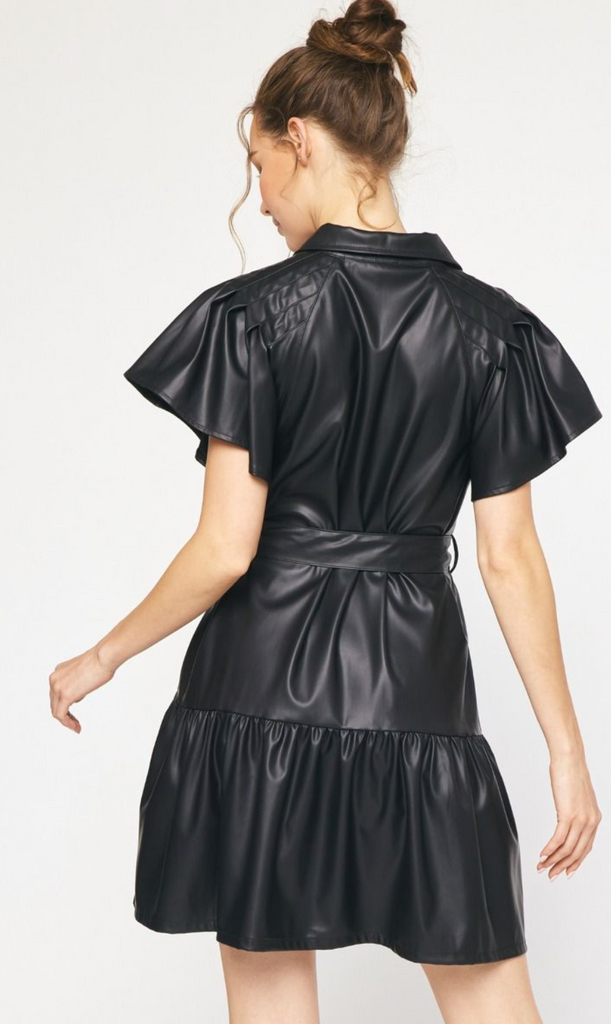 Leather Ruffle Dress - Black